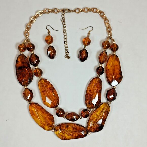 Amber Tone Necklace Earrings Set Faceted Beads Gold Chain Statement 16" - 19" - Picture 16 of 16